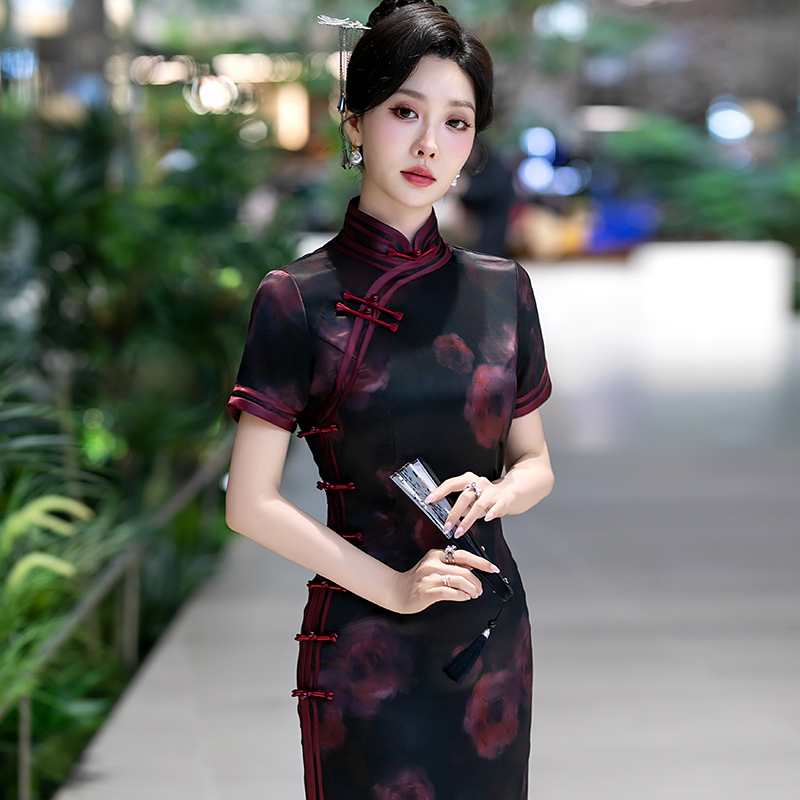 新中式旗袍2025夏季高端老上海素雅国风礼服日常可穿黑色长款裙子