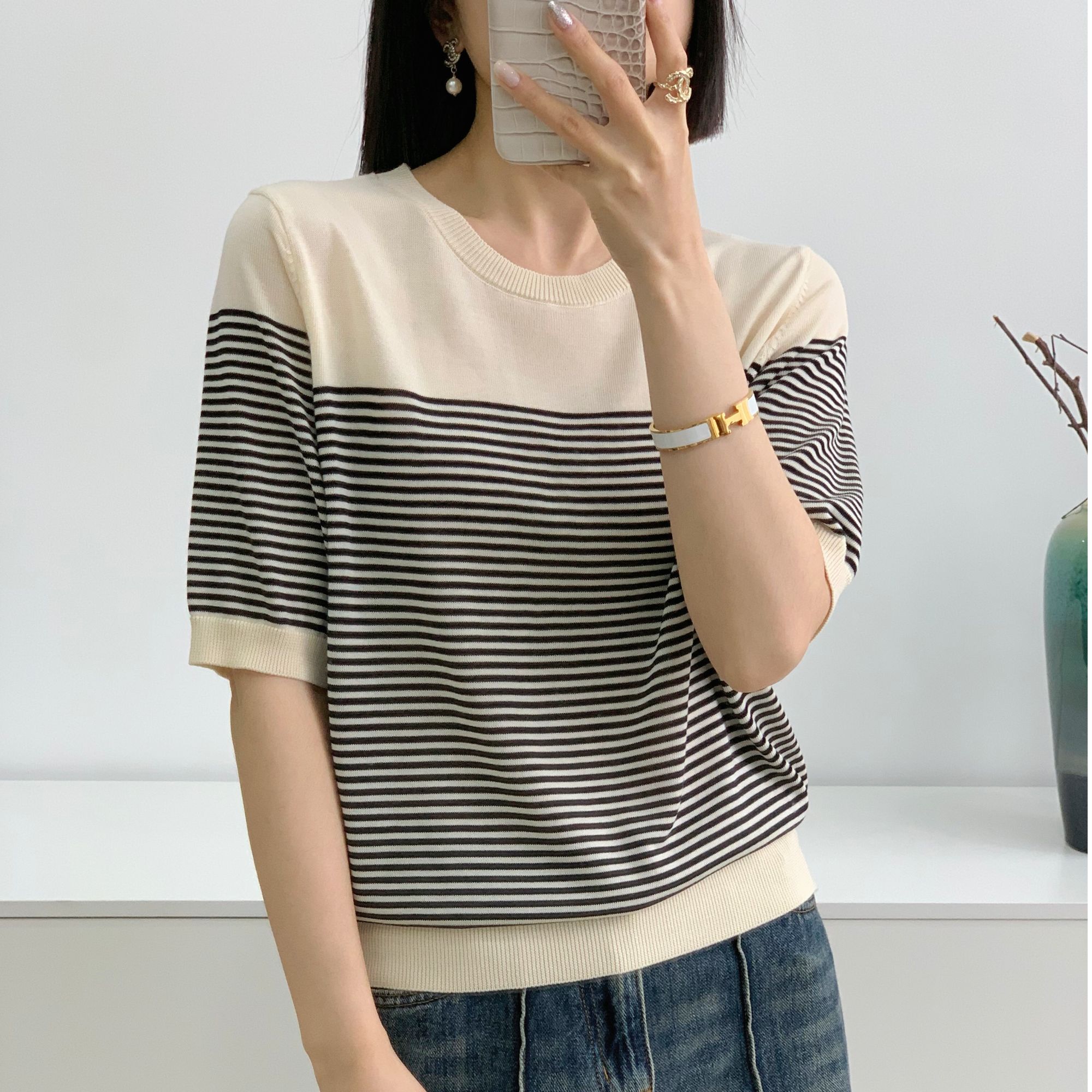【例畔精选】夏季时尚气质圆领条纹百搭休闲显瘦针织衫A238#