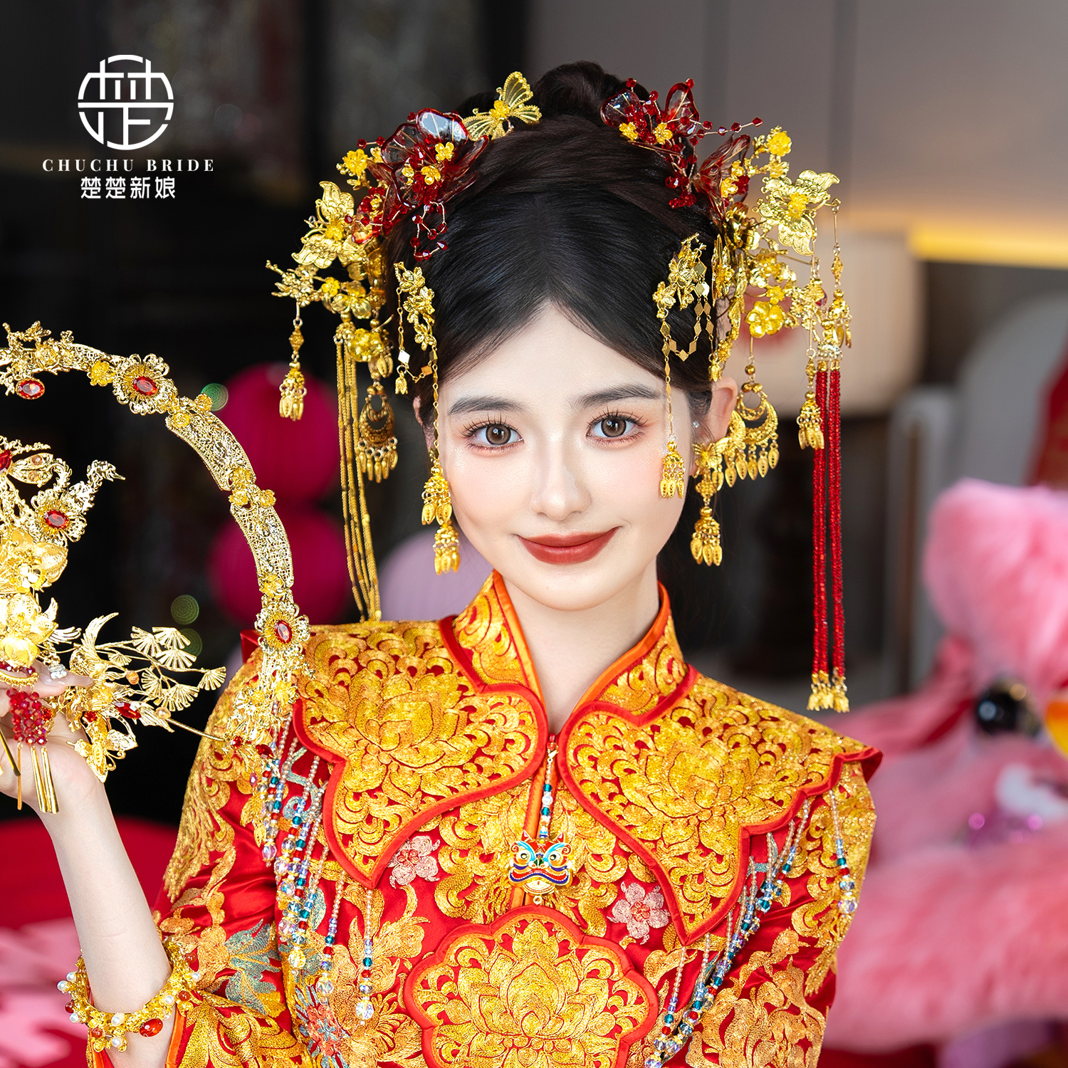 新中式新娘秀禾头饰金色发簪汉服龙凤褂发饰古典婚礼配饰减龄百搭