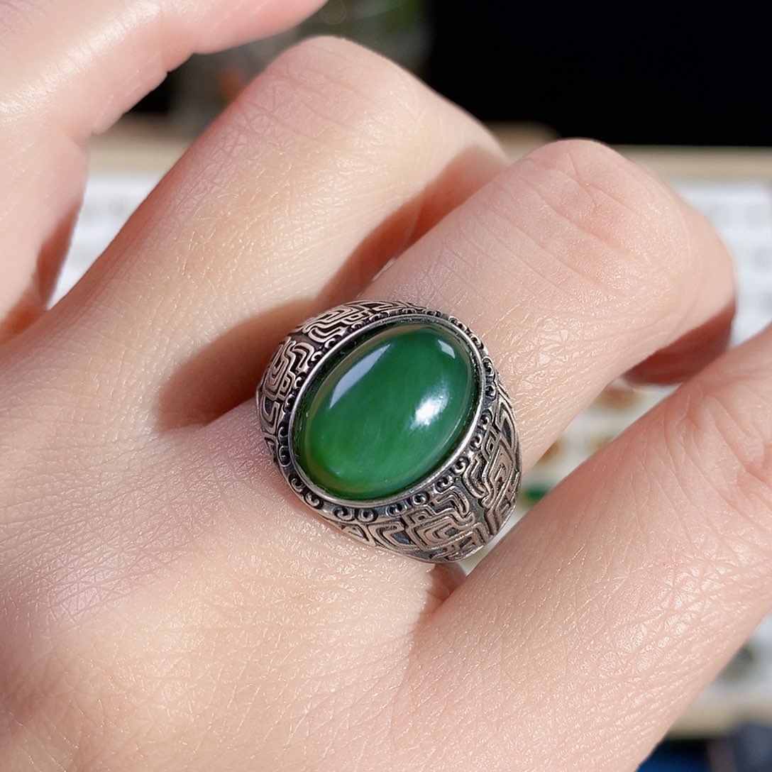 和田玉（碧玉）戒指银S925镶嵌