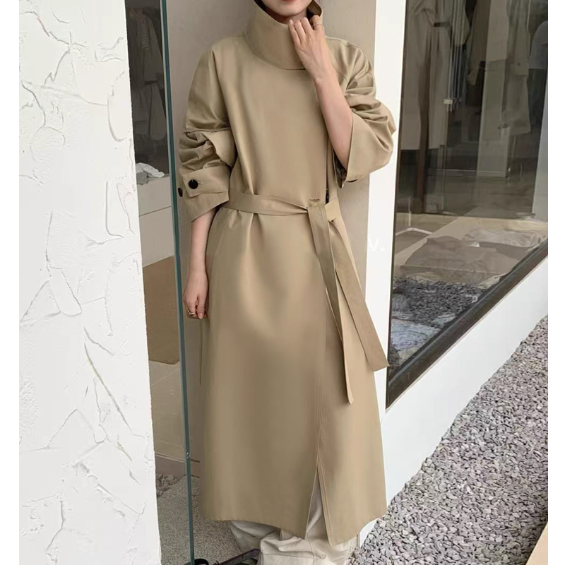 【25095】英伦风立领中长款系带收腰显瘦风衣外套女