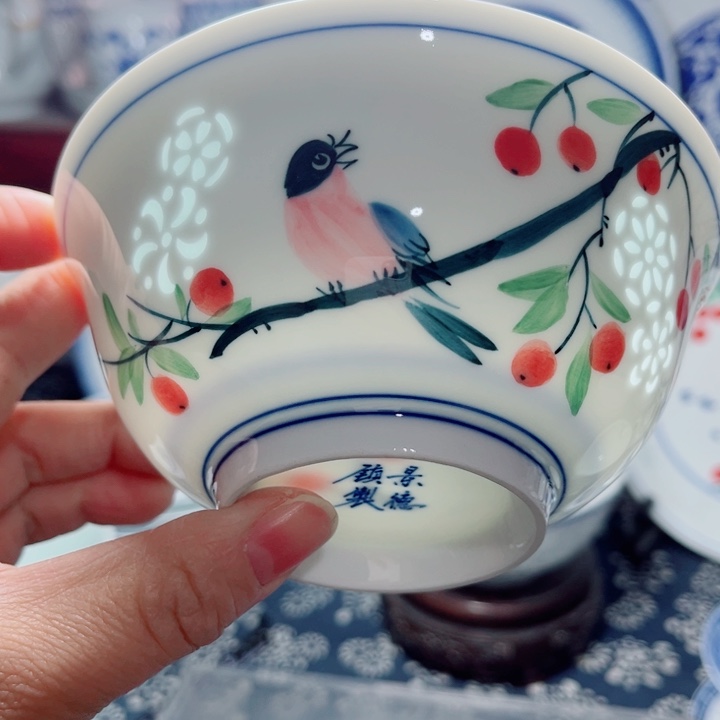 青花玲珑5寸饭碗手花花鸟
