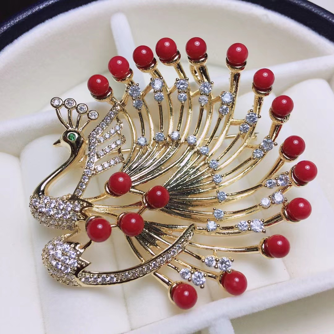 锌合金合成锆石胸针 红珊瑚原创设计情侣胸针中国风时尚优雅配饰