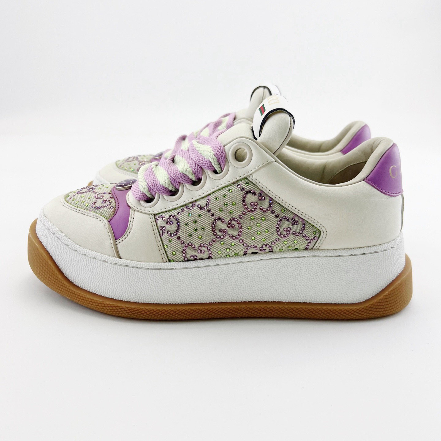 99新 GUCCI/古驰 36.5码/紫色水钻厚底低帮系带胖丁鞋/15082011