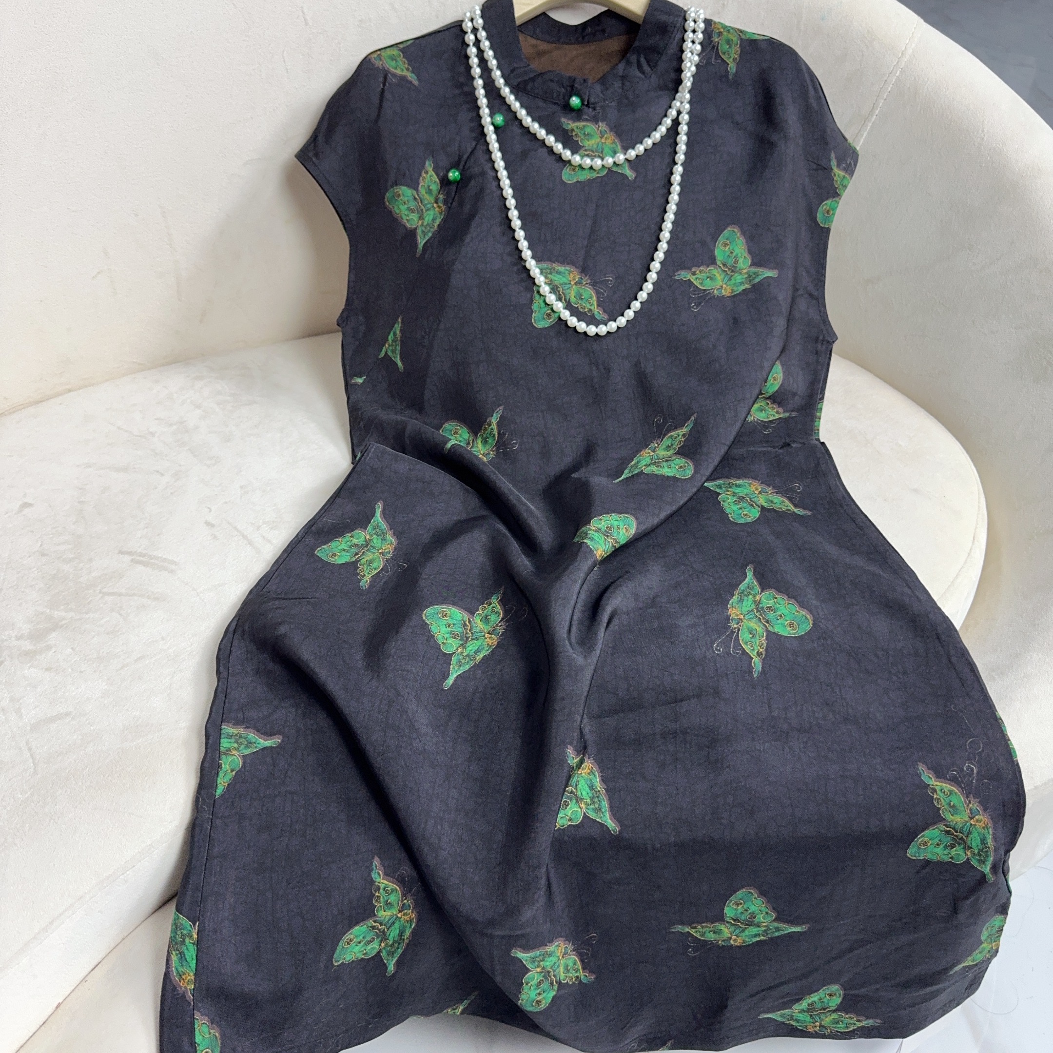 8282款新中式长款连衣裙【绿蝶】