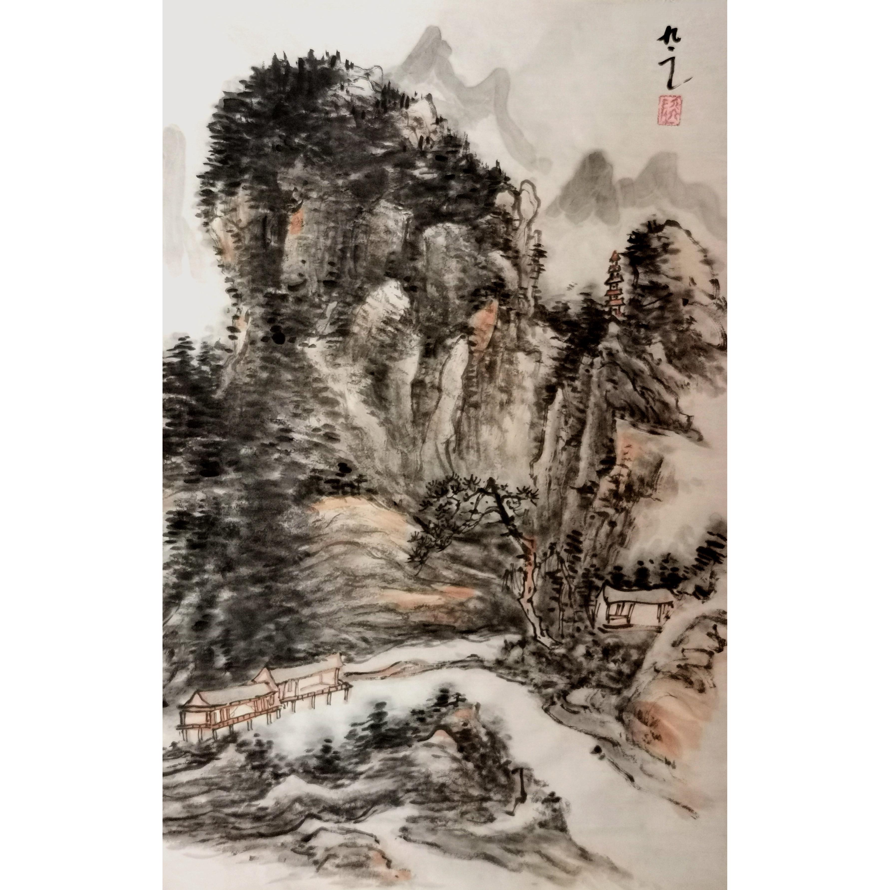 宣纸竖幅山水画源远流长玄关厅室装饰画带证书