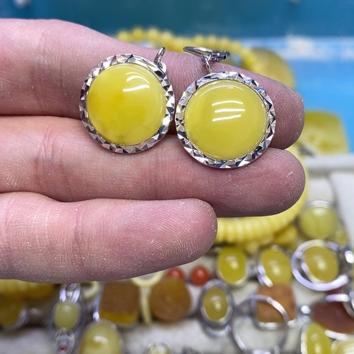 蜜蜡裸石银S925镶嵌耳坠