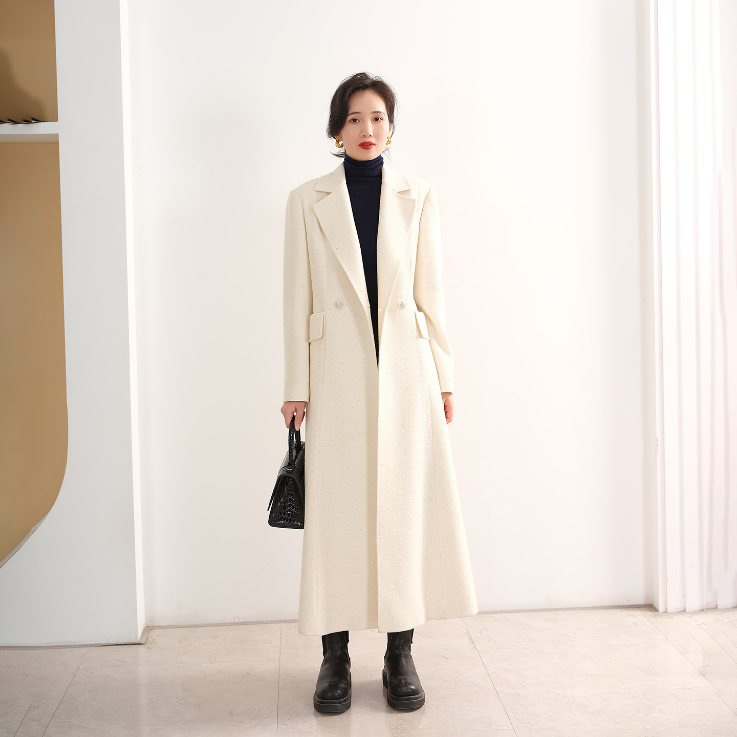 EKNR绵羊毛+金聪时尚气质大衣女长款2025秋冬新款秋冬毛呢外套女