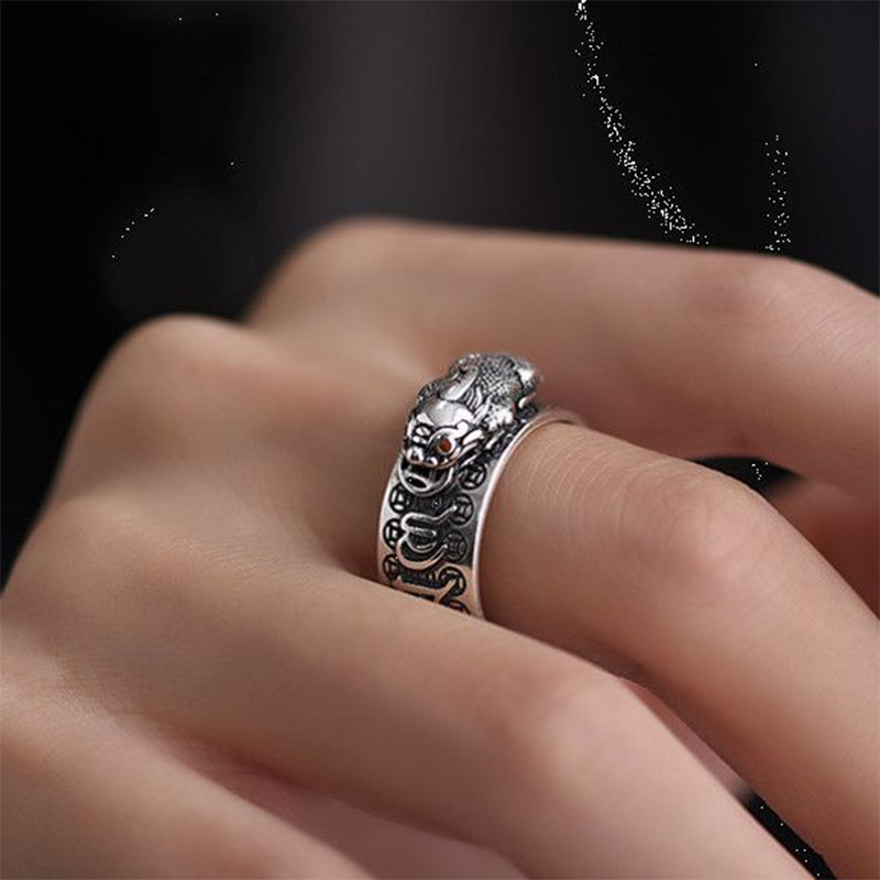 925银戒指 复古银霸气男士貔貅戒指开口可调节嘻哈个性