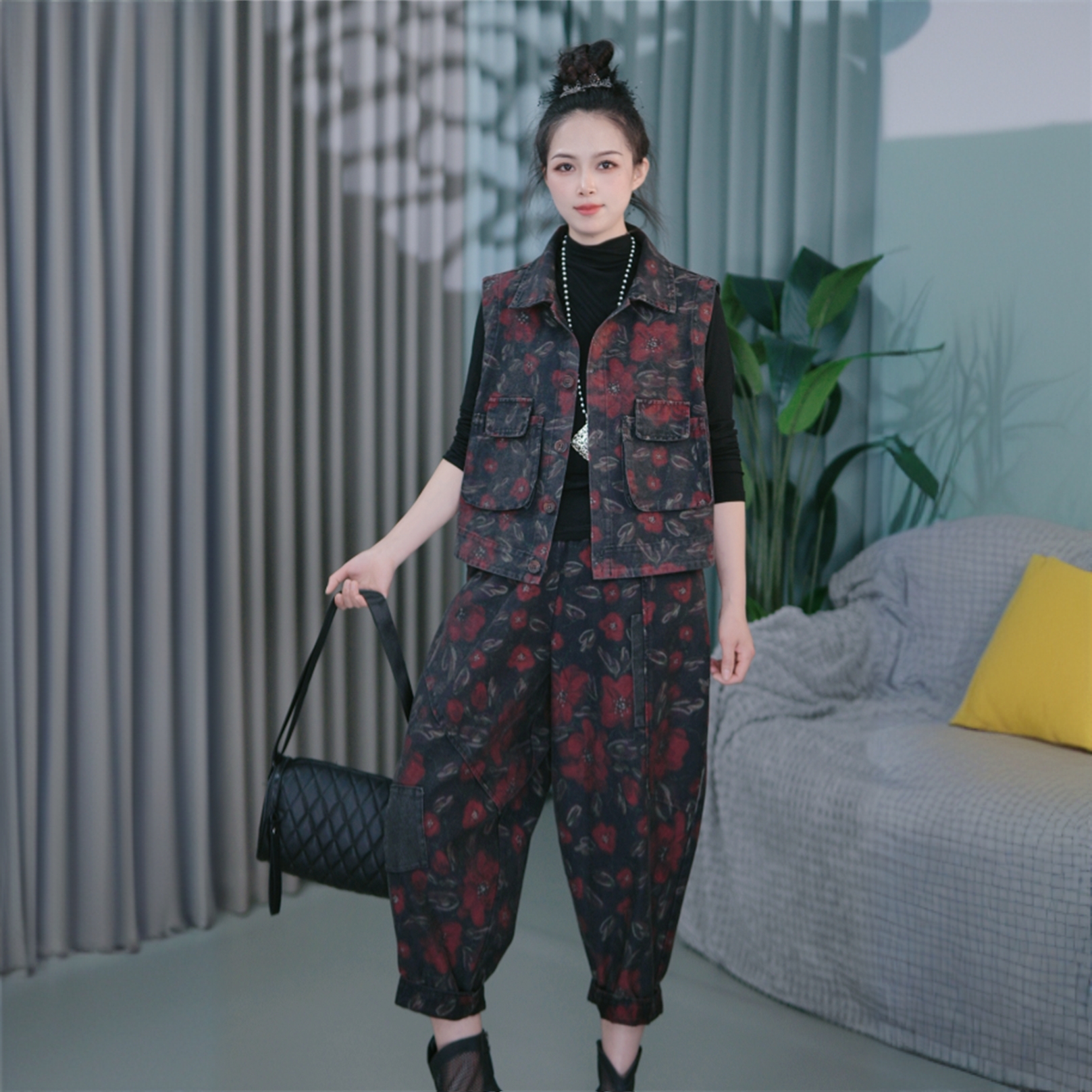 8517民族风文艺复古民族风时尚套装裤子提花休闲牛仔显瘦拼接