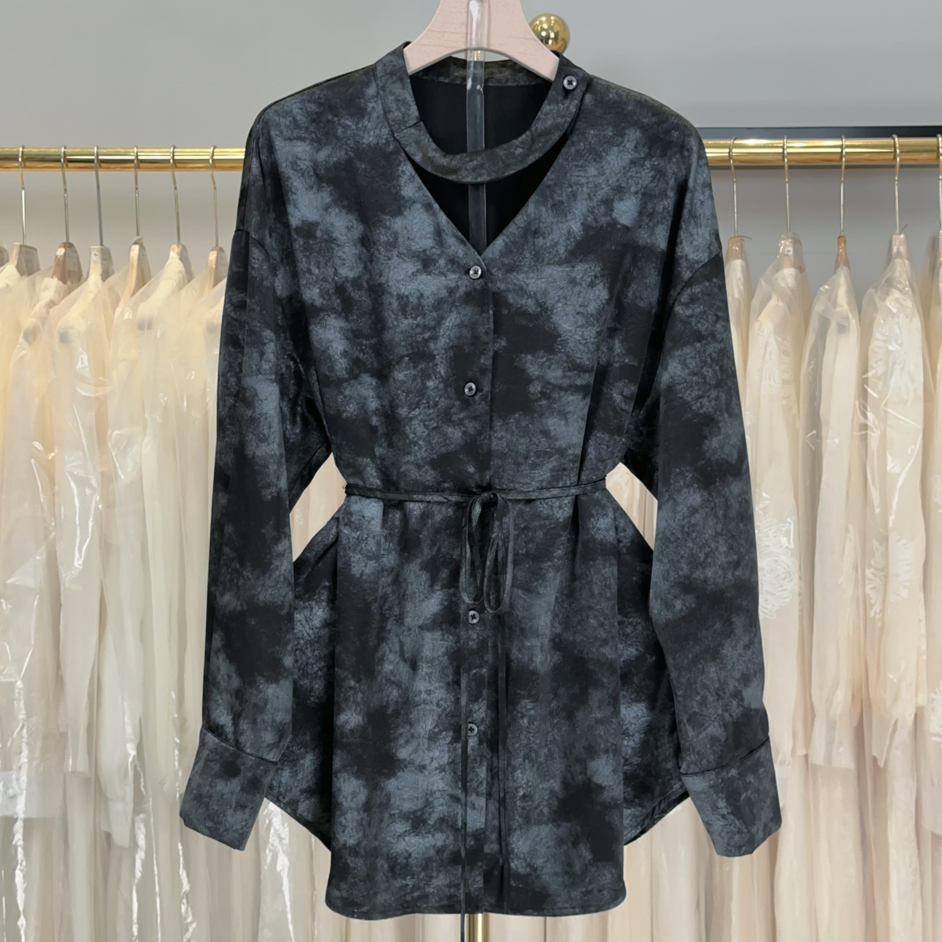 【RG5231】2025年气质长袖时尚休闲百搭女士收腰复古显瘦中长款小衫