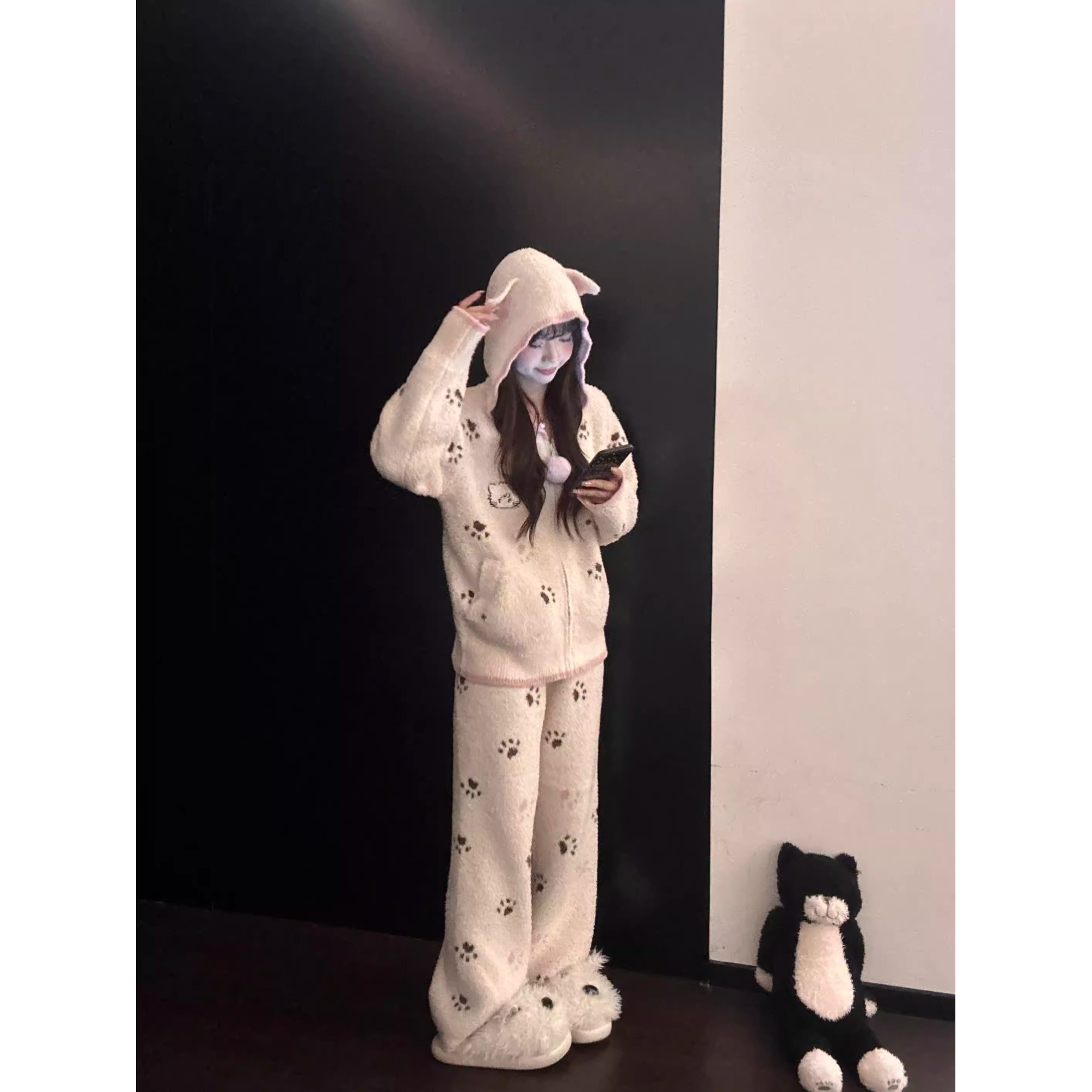 韩版可爱小猫爪印花连帽半边绒睡衣冬季女款加厚雪尼尔家居服套装