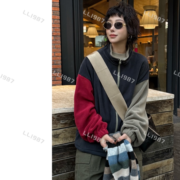 HY罗罗【AB袖】冬季韩版时尚百搭百搭颗粒绒立领设计感外套L341