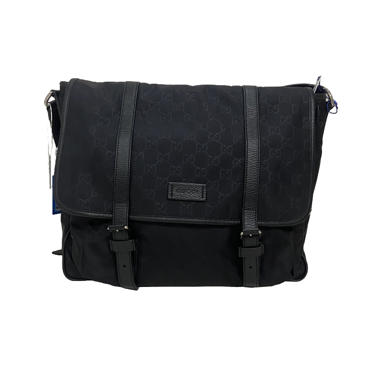 99新 GUCCI/古驰 尼龙黑色双扣翻盖斜挎包276