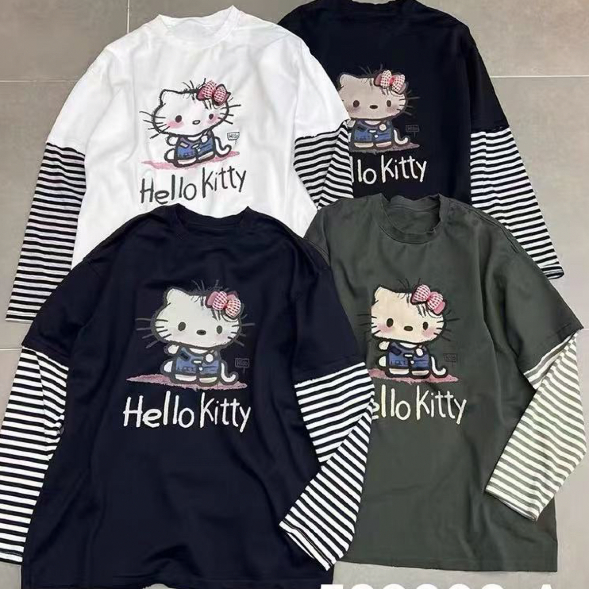 539906#减龄趣味秋冬撞色条纹假两件印花长袖T恤