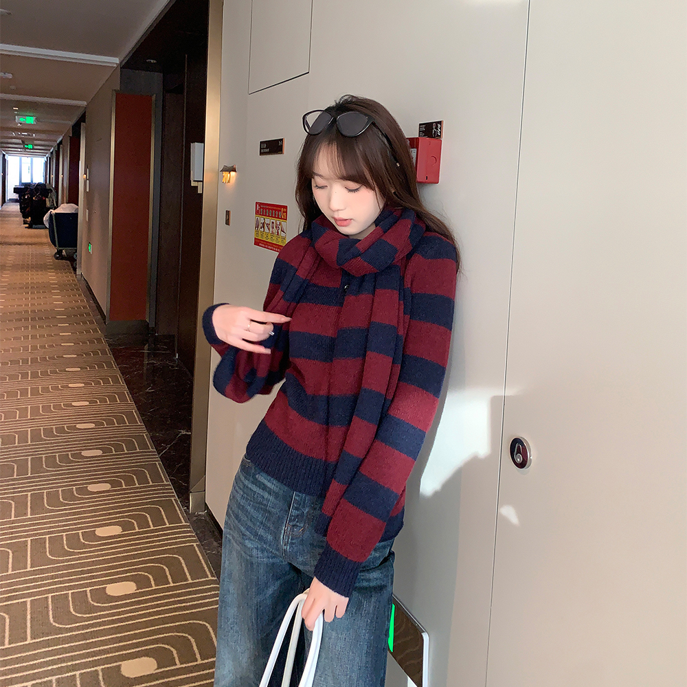 mcc lemons 宅女同款 微宽松自然肩亨利领条纹套头毛衣女