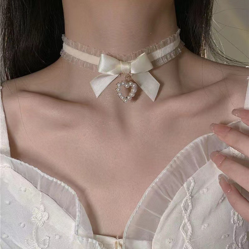 合金硅胶项链 铃铛会响哦~蕾丝黑色蝴蝶结荷叶边超仙复古项链chok