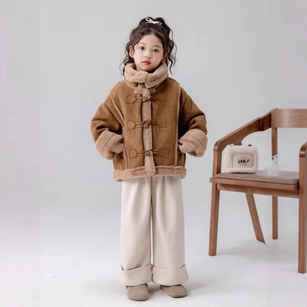 女童秋装2025新款外套毛呢儿童洋气时髦加厚皮毛一体加绒韩版秋冬