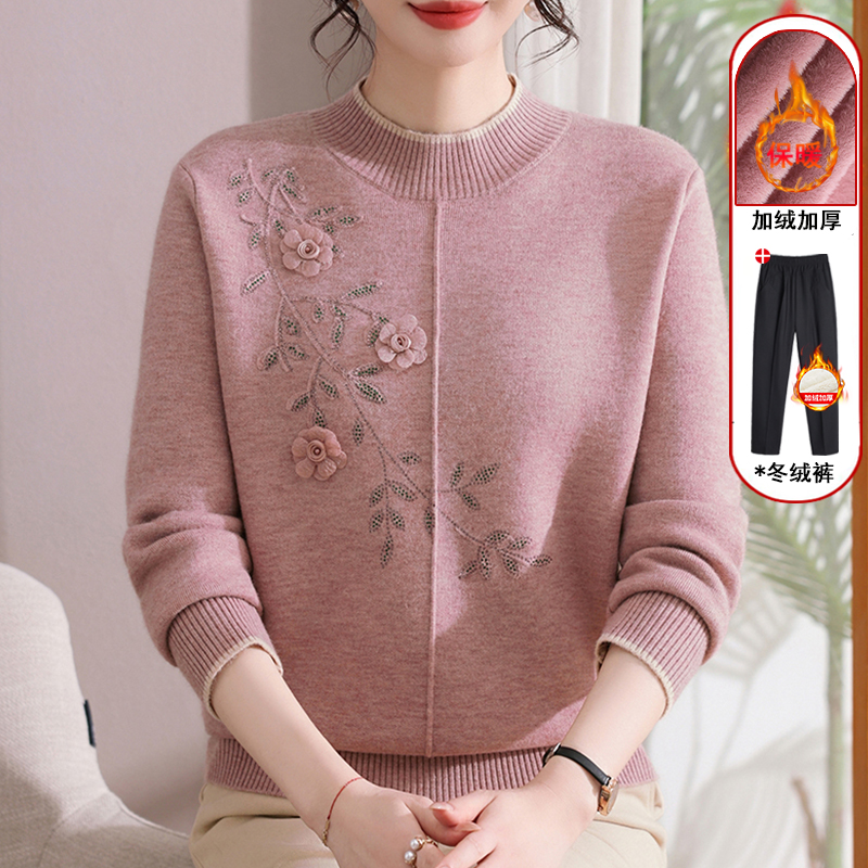 9222秋冬新款妈妈装加厚丽衣中年人女半高领加绒加厚打底衫洋气