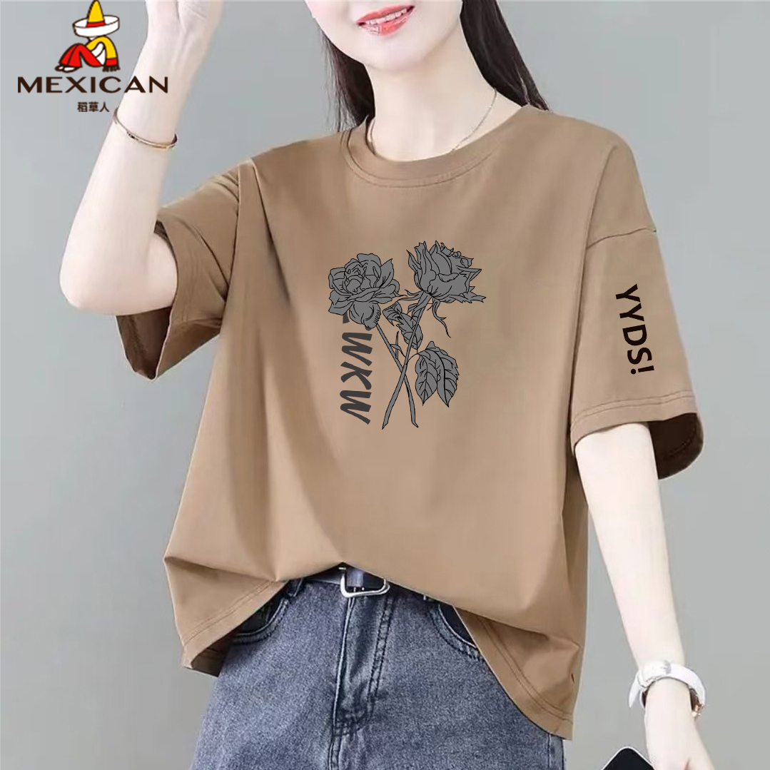 稻草人纯棉韩版圆领短袖潮流百搭女装气质印花背心大码时尚上衣