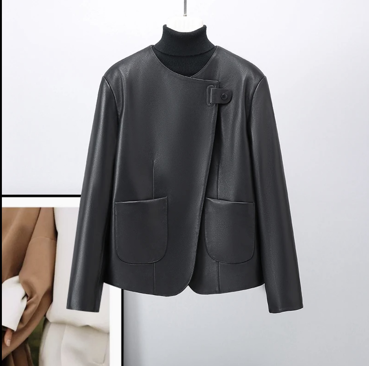 YS《极简风格》春季翻领一粒扣植鞣绵羊皮真皮皮衣7750