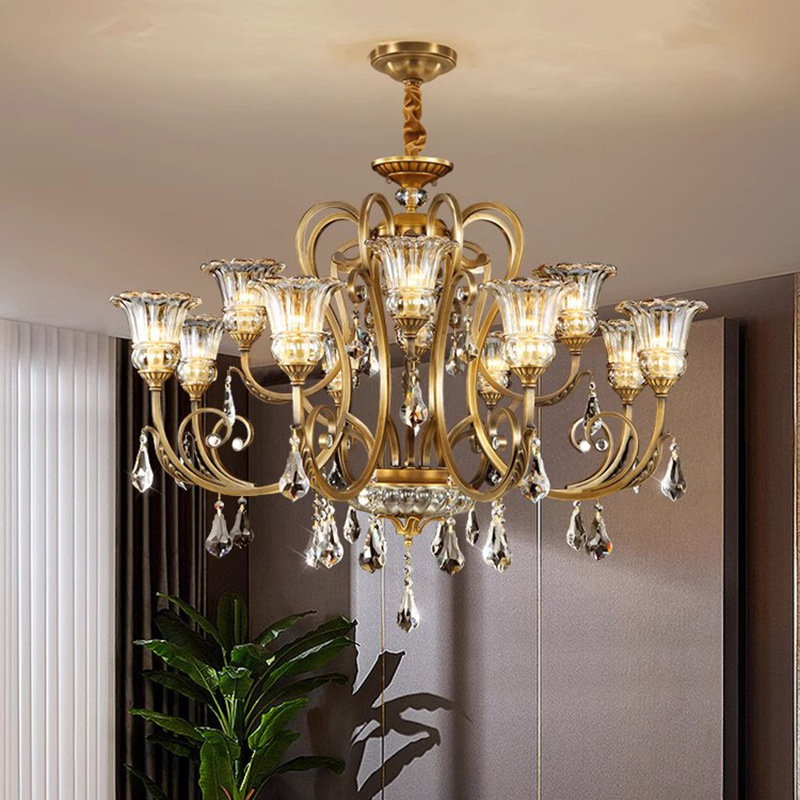 美式吊灯客厅灯全铜轻奢灯欧式别墅奢华大气餐厅现代简约水晶灯具