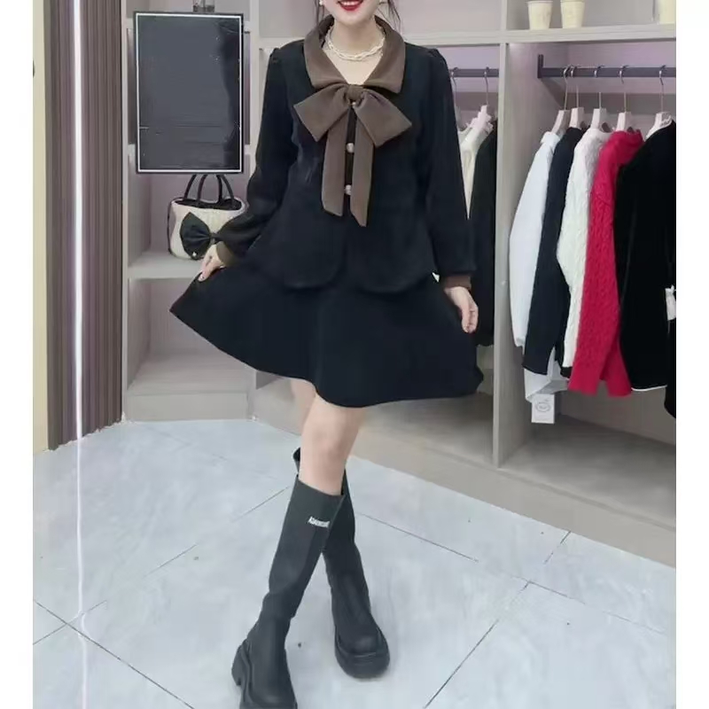 2025秋冬季新款通勤大码胖mm蝴蝶结长袖上衣半身裙子两件套装女