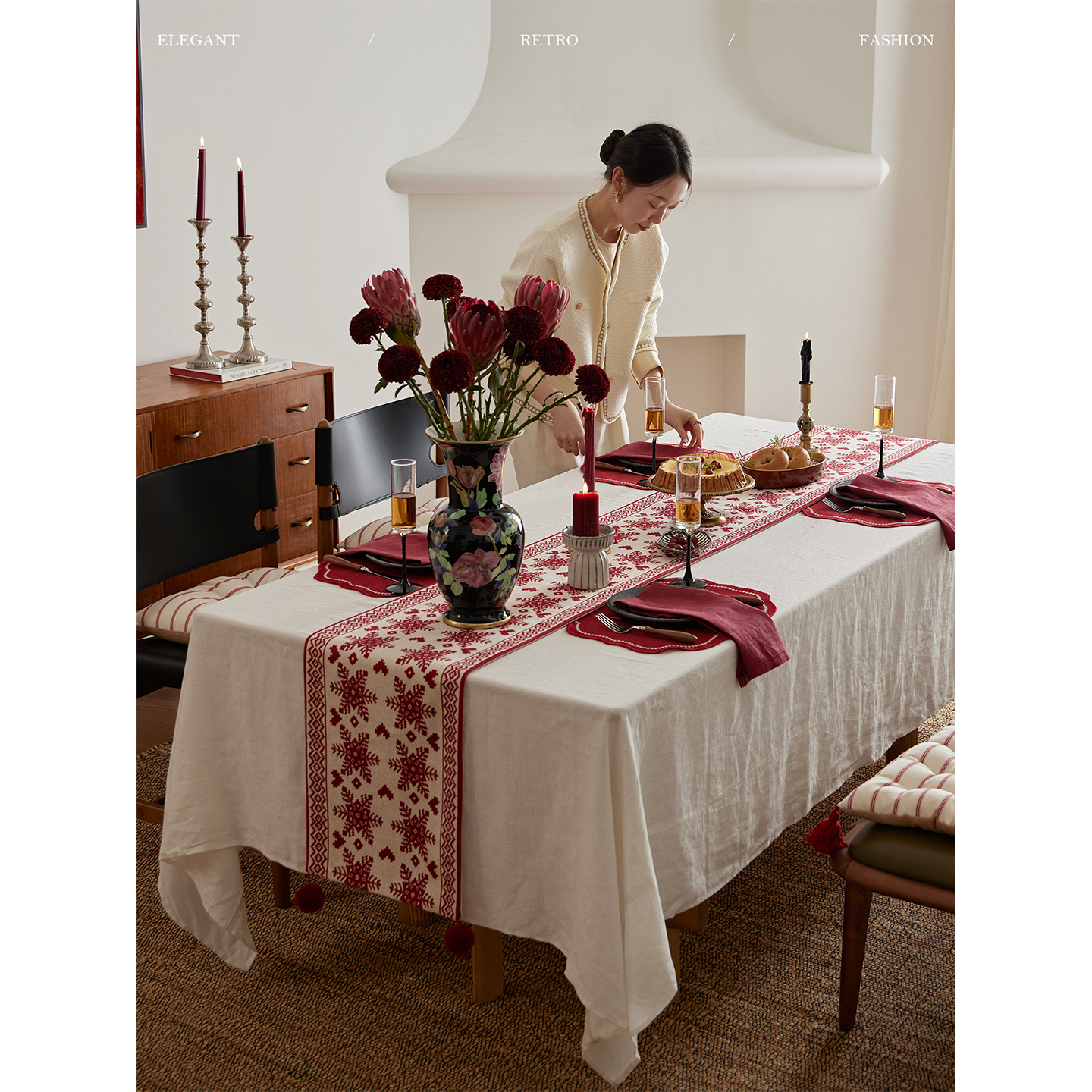 蜡笔派几何雪花桌旗红色圣诞节日轻奢喜庆新年