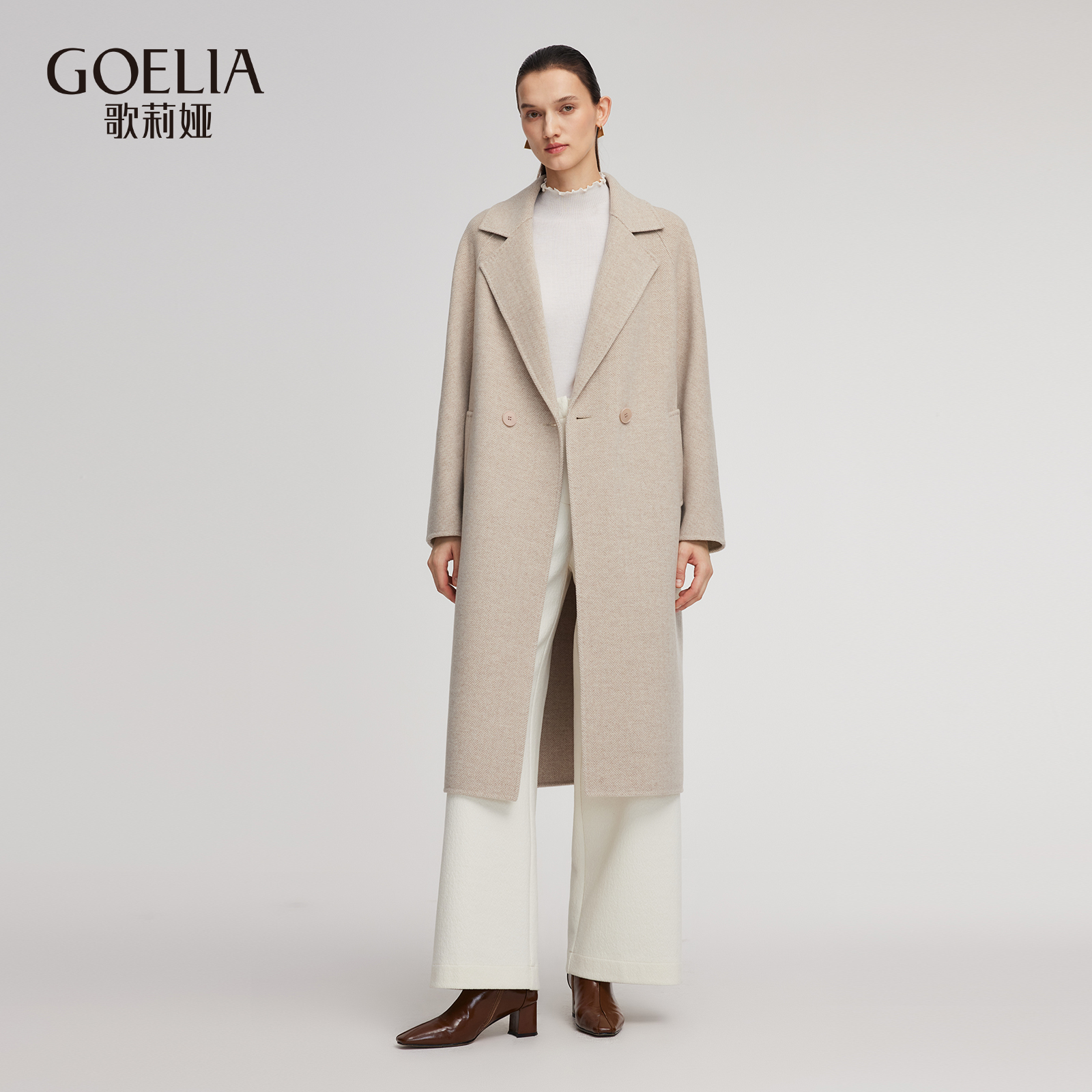 歌莉娅 冬季新品  人字纹毛呢大衣外套  1ENC6N56A
