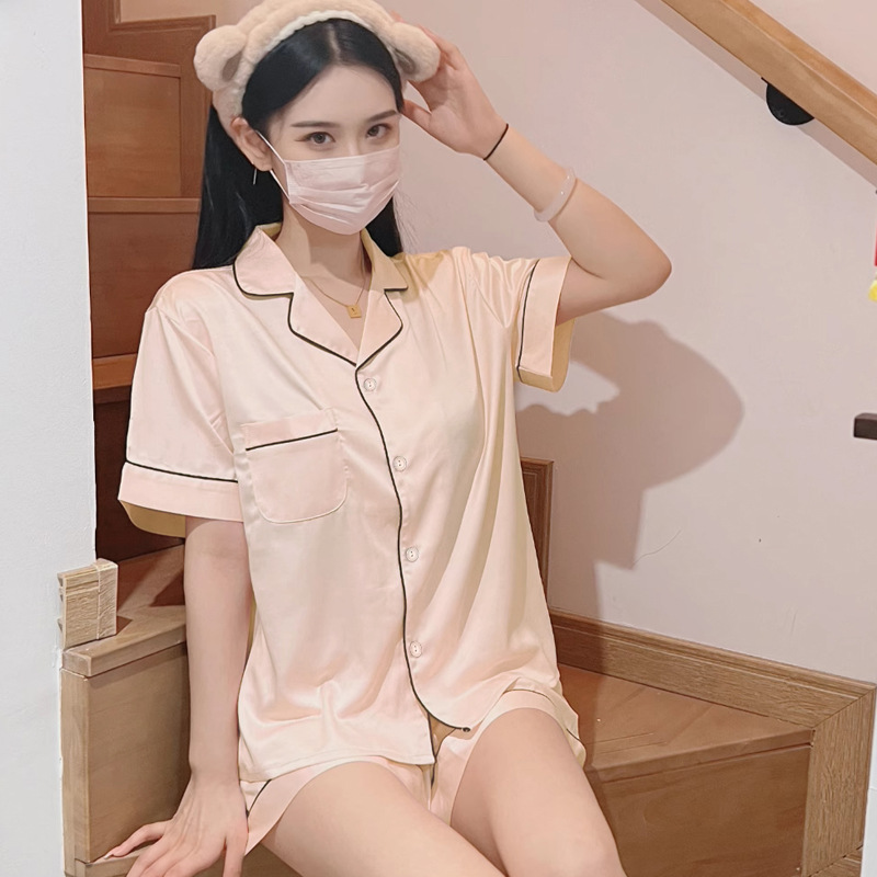 【秋日园林】冰丝睡衣女凉感夏季甜美短袖女士纯色简约夏家居服套装