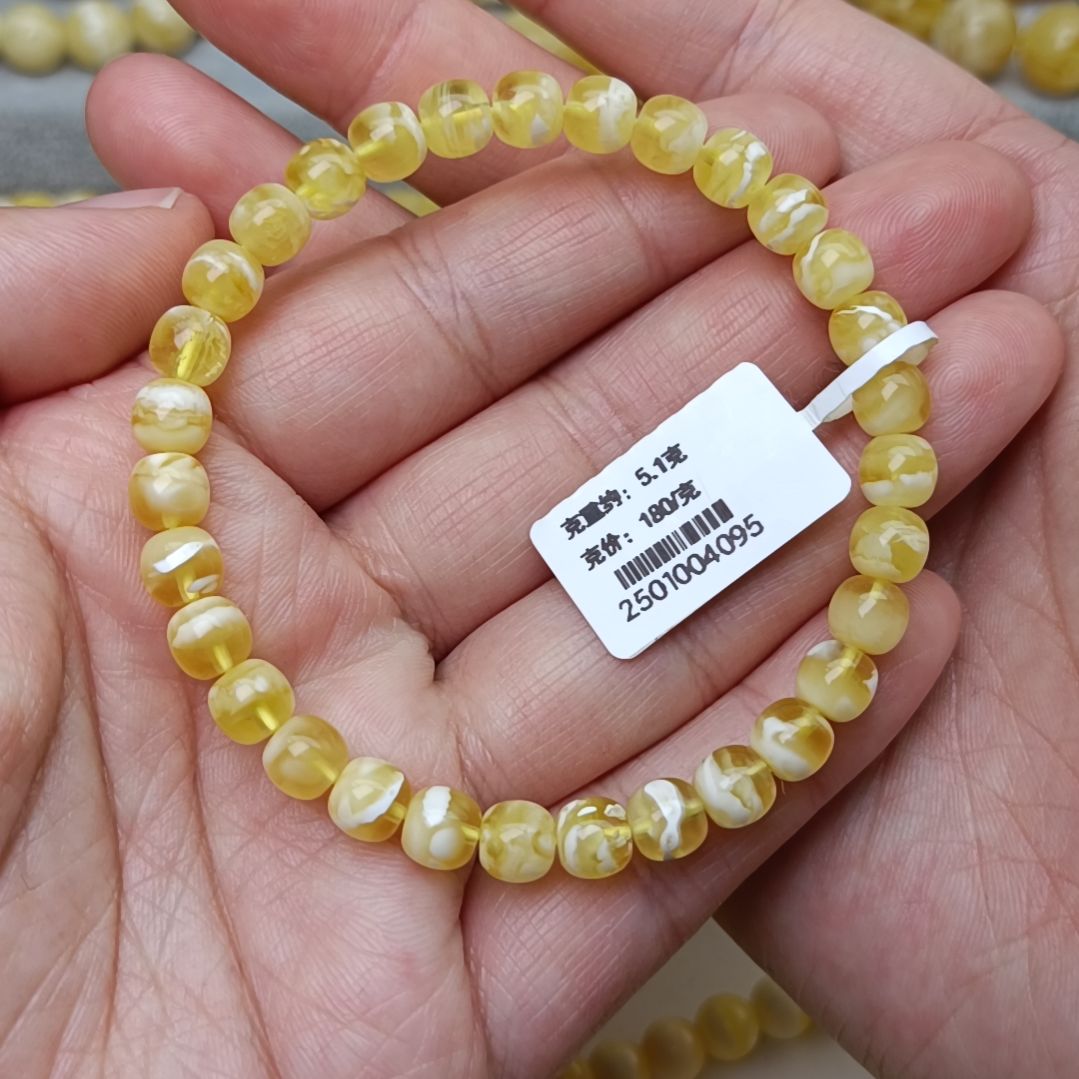 未镶嵌蜜蜡手链6.5精工老型金瓷白漆白虎皮妖花17手围