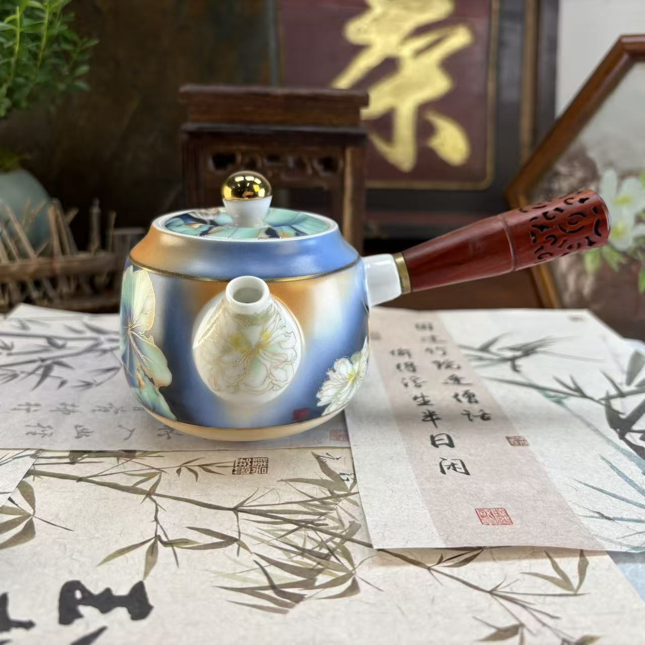 荷悦缘心珐琅侧把壶-4953-直播专享