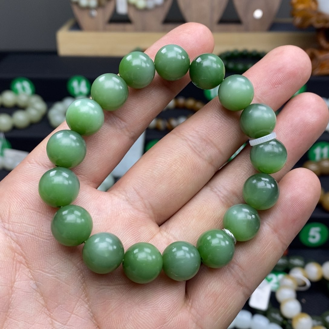 和田玉手链未镶嵌碧玉猫眼12