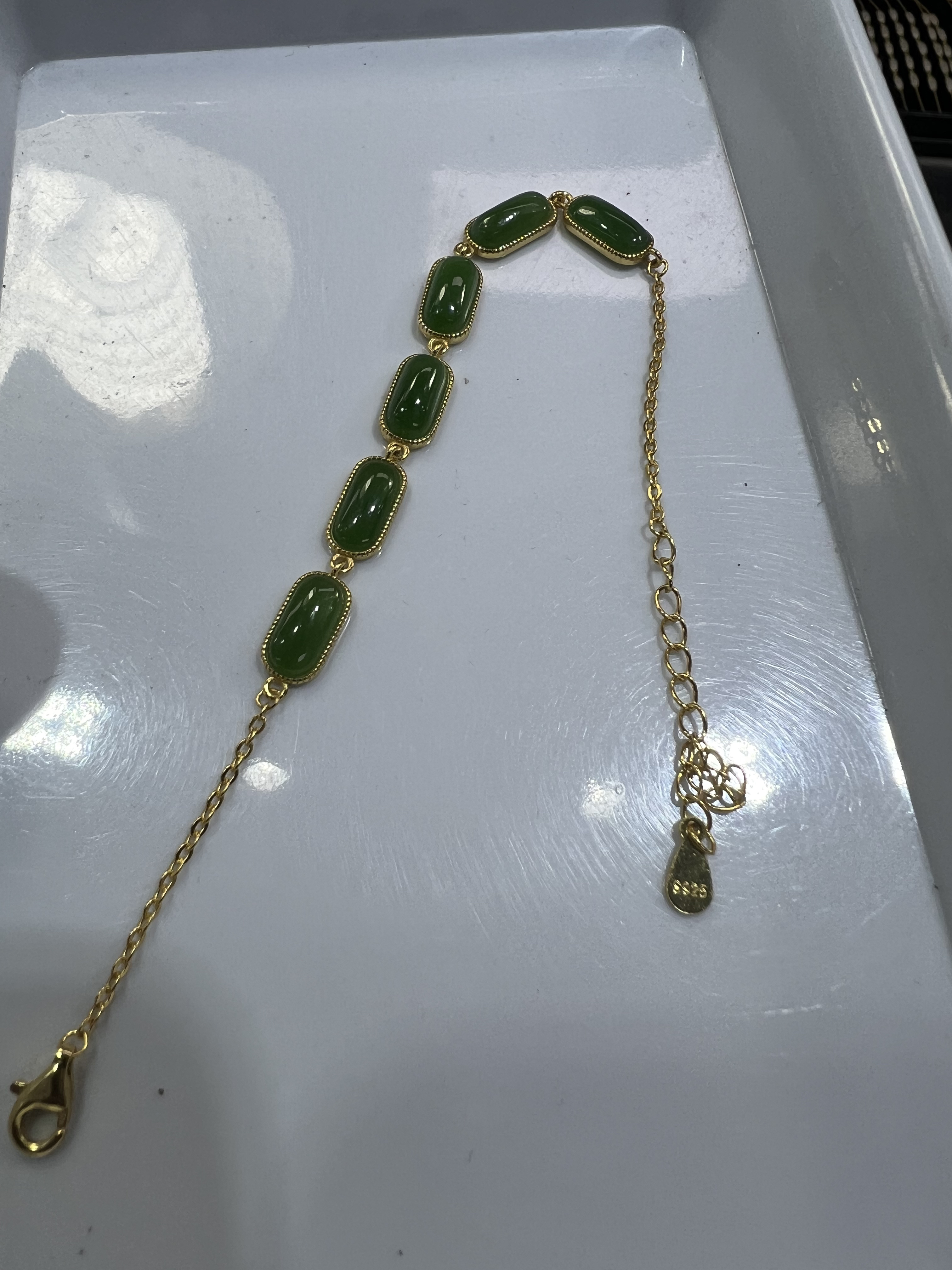 和田玉碧玉阳绿色银镶嵌手链