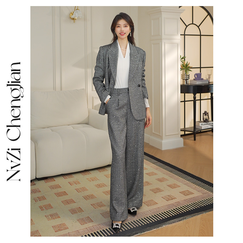 女子成鉴 【云纹星点】细碎珠片人字纹羊毛西装西裤通勤S-WCP369