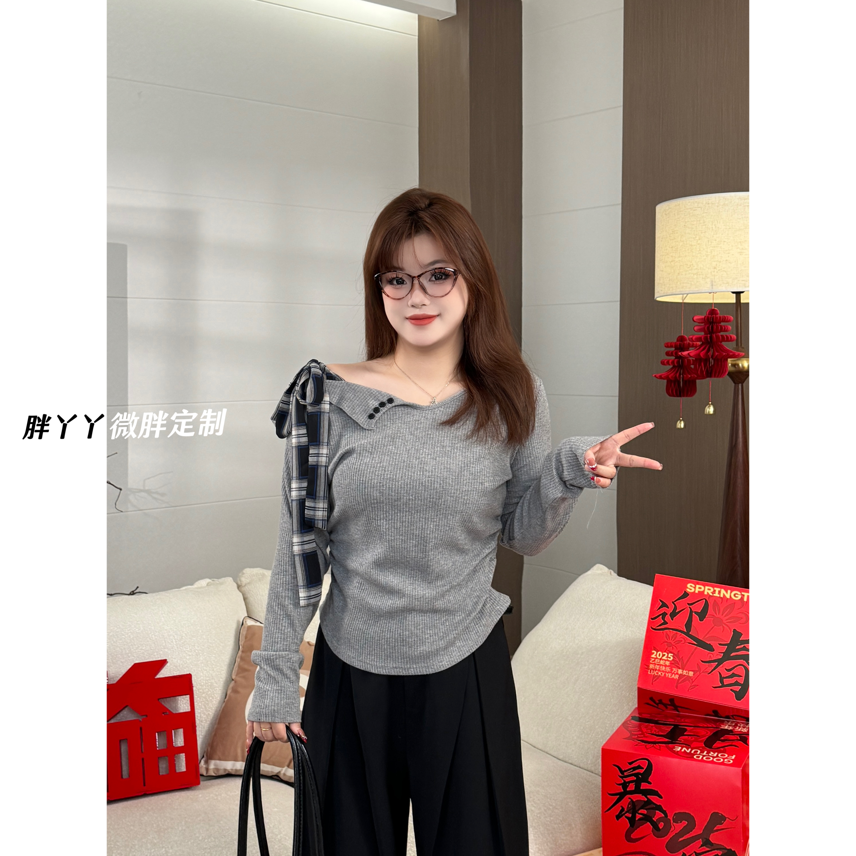 【胖丫丫】大码一字肩针织打底衫女秋季甜辣漏肩蝴蝶结短上衣