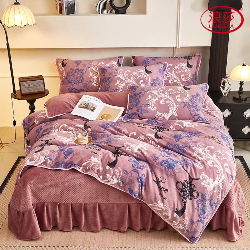 LangSha/浪莎冬季加厚牛奶绒床盖款四件套双面绒被套单床盖可机洗