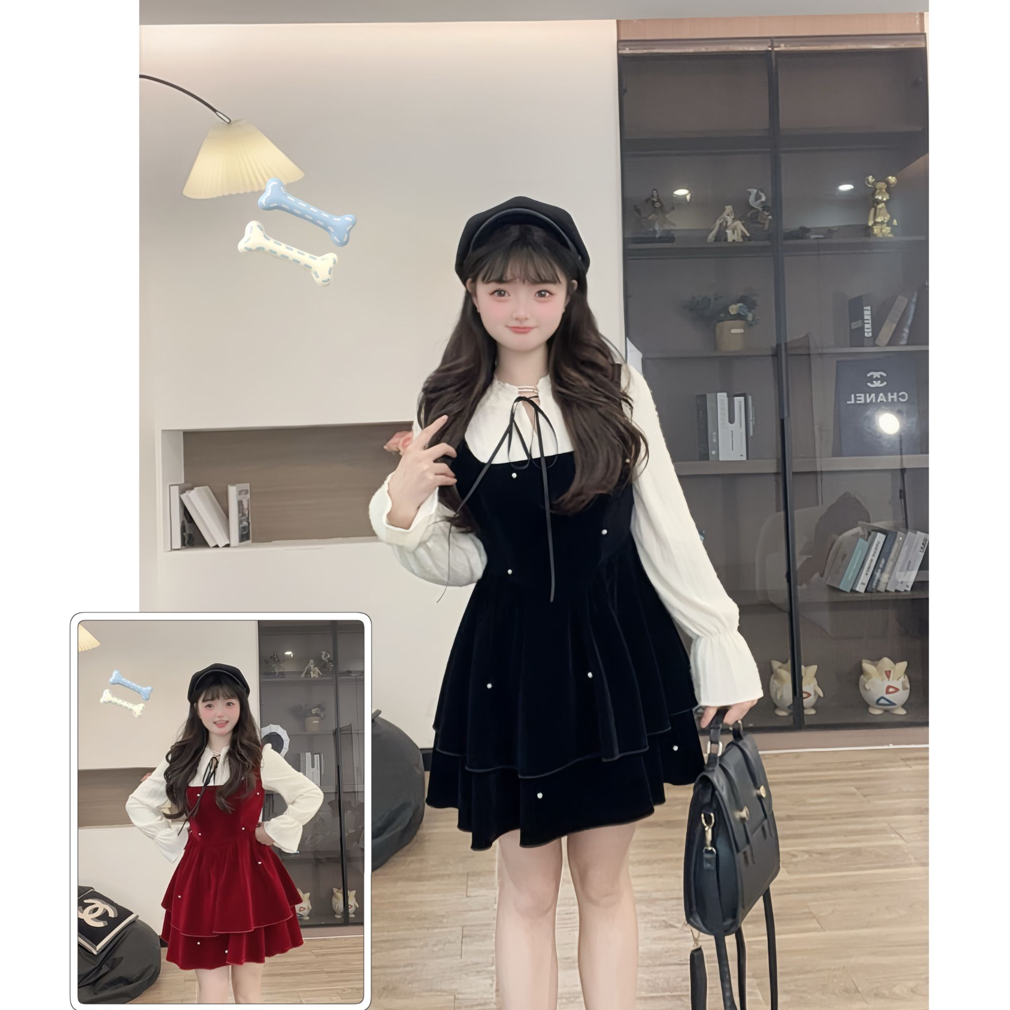 【黑巧丝绒】10918微胖mm日系甜美减龄背带裙立体设计假两件连衣裙