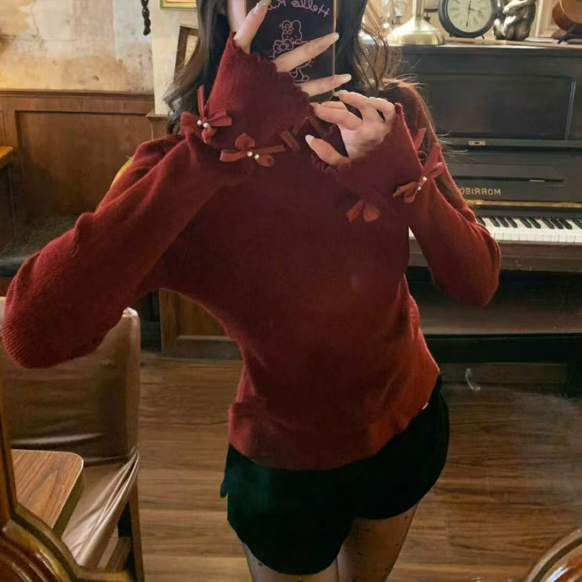 秋冬法式甜美风蝴蝶结拼接修身显瘦百搭针织衫女内搭