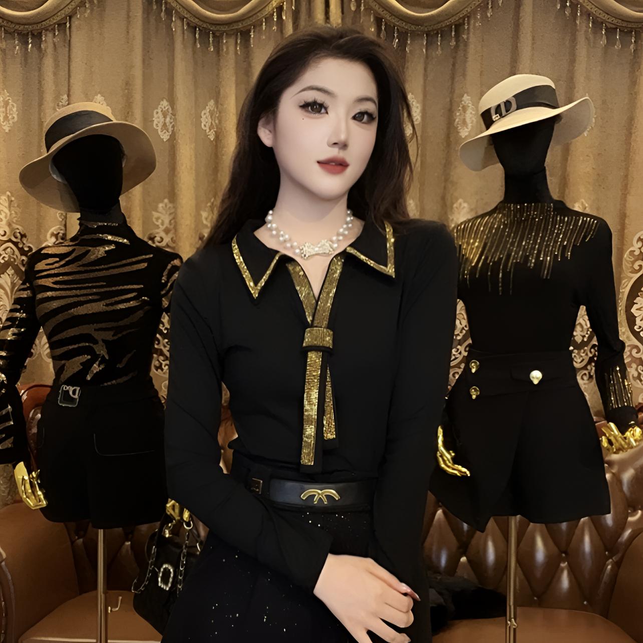 C1 秋冬时尚洋气新款简约翻领纯色烫钻百搭显瘦长袖T恤小衫上衣