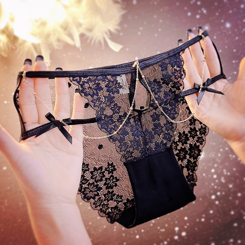 法式轻奢性感蕾丝花朵时尚链饰火辣镂空蝴蝶结无痕内裤女舒适弹力