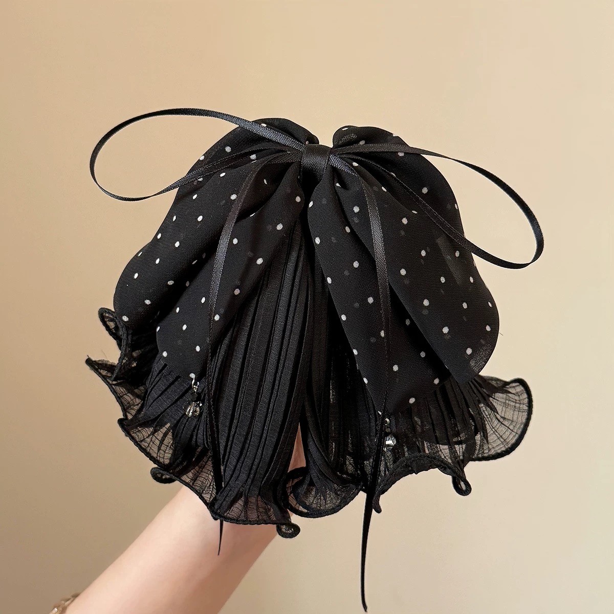 波点双层网纱蝴蝶结抓夹超仙高级感后脑勺公主风低马尾头饰3961