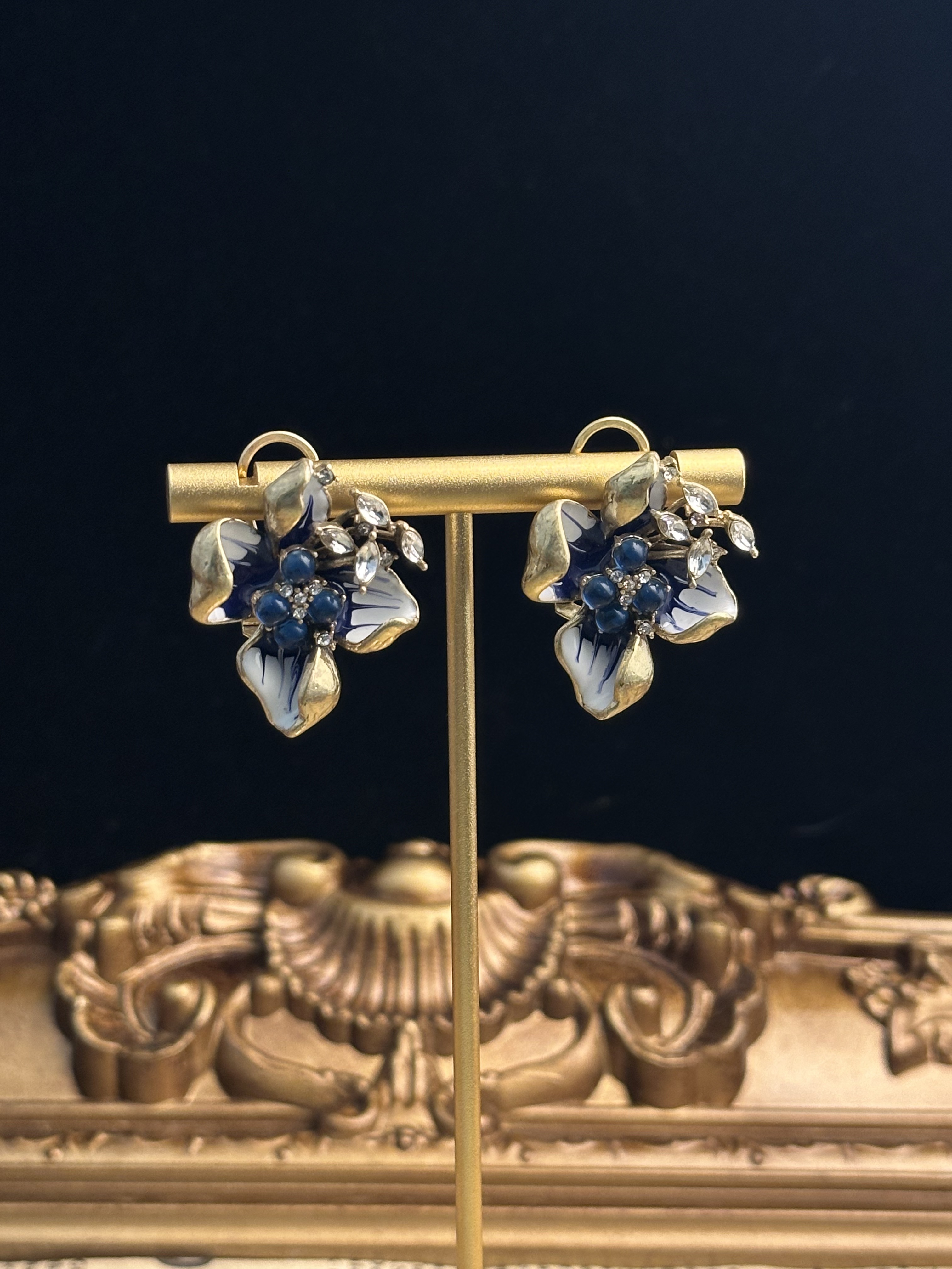 铜合金琉璃耳饰 中古镀金做旧蓝色石头白色珐琅耳饰 0227E
