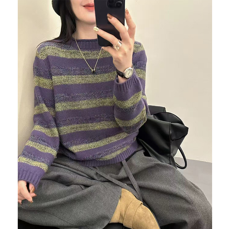 半高领条纹毛衣女士套头秋冬新款洋气宽松针织打底衫内搭加厚上衣