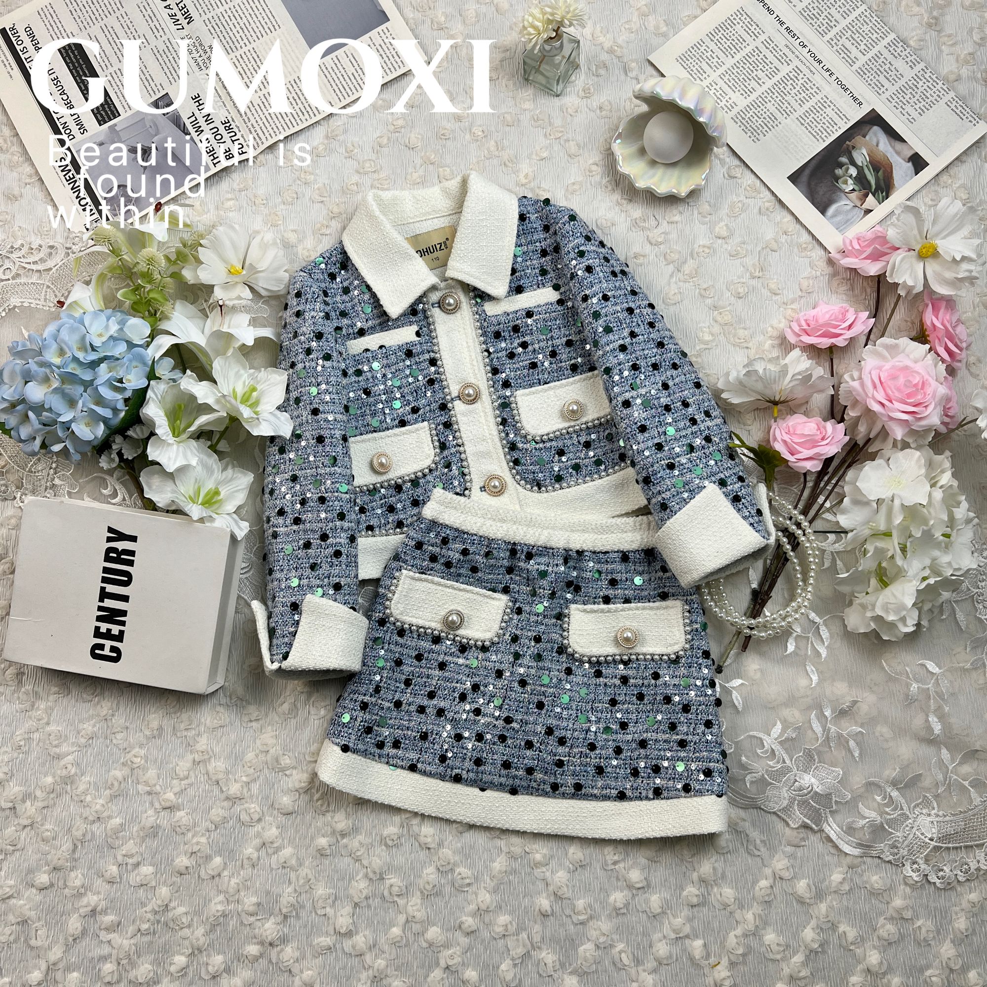 GUMOXI【蓝海】设计师童装女童小香风套装粗花呢亮片千金奢华秋款