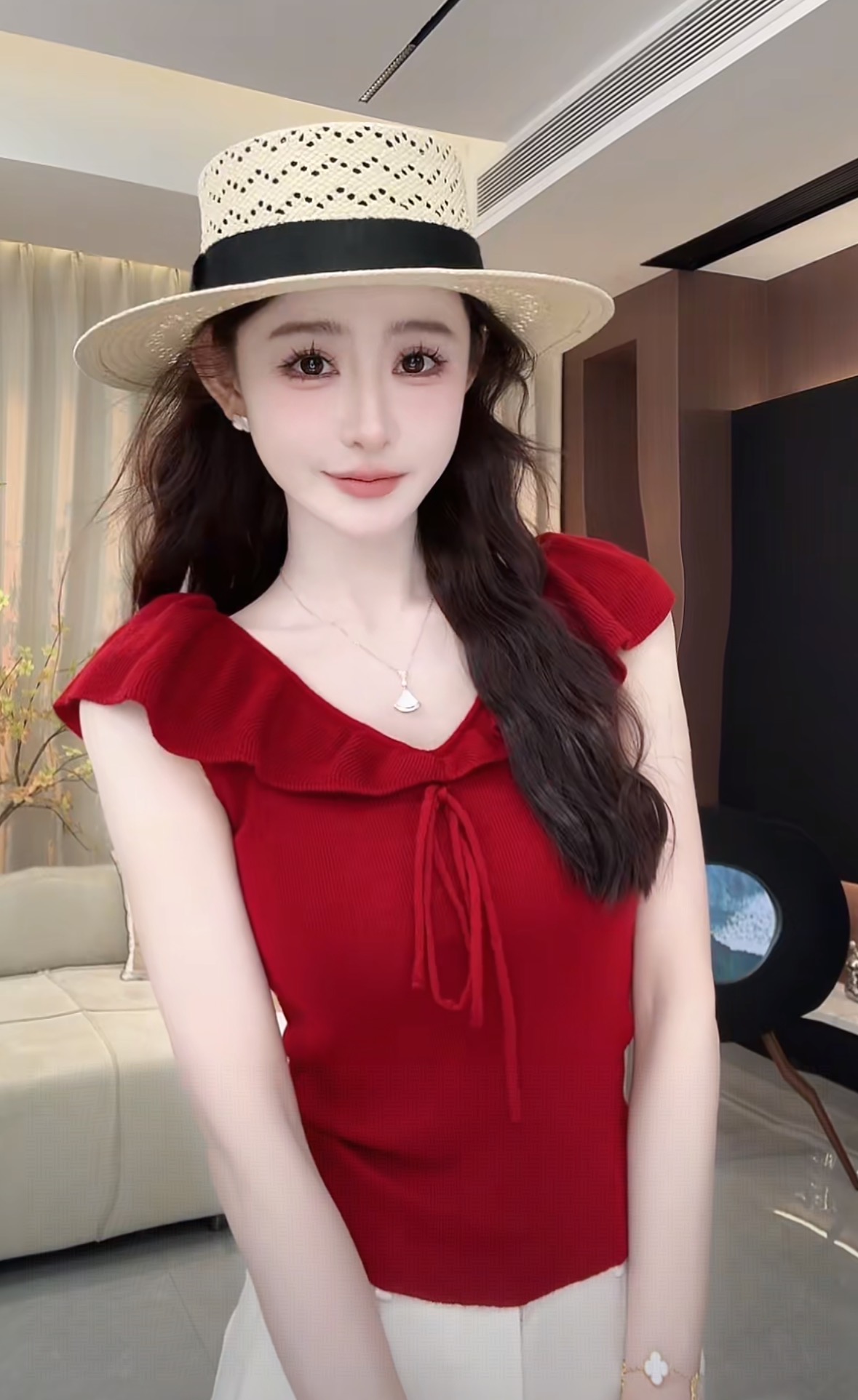 西恩定制●（梅子红了）夏季设计感甜美木耳边一字肩上衣LNX5SY2028