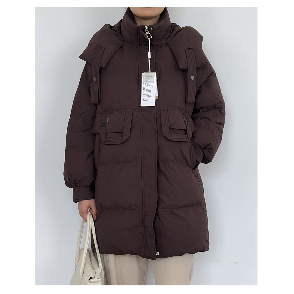 307 冬季新款女士休闲时尚百搭宽松中长款连帽拉链羽绒外套