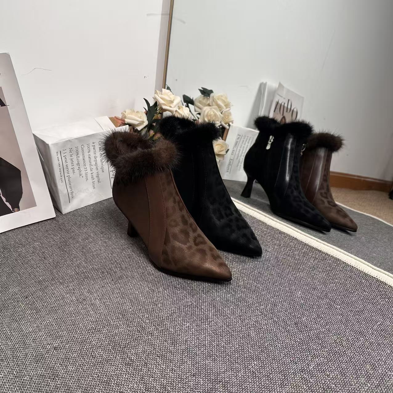 【貂毛靴】SLM/牛皮/6CM/33-40/1052秋冬豹纹尖头高跟百搭真皮女鞋