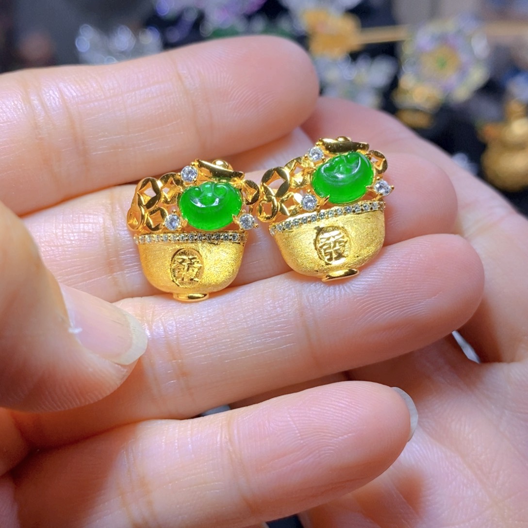 翡翠耳钉银S925镶嵌多样性发其一