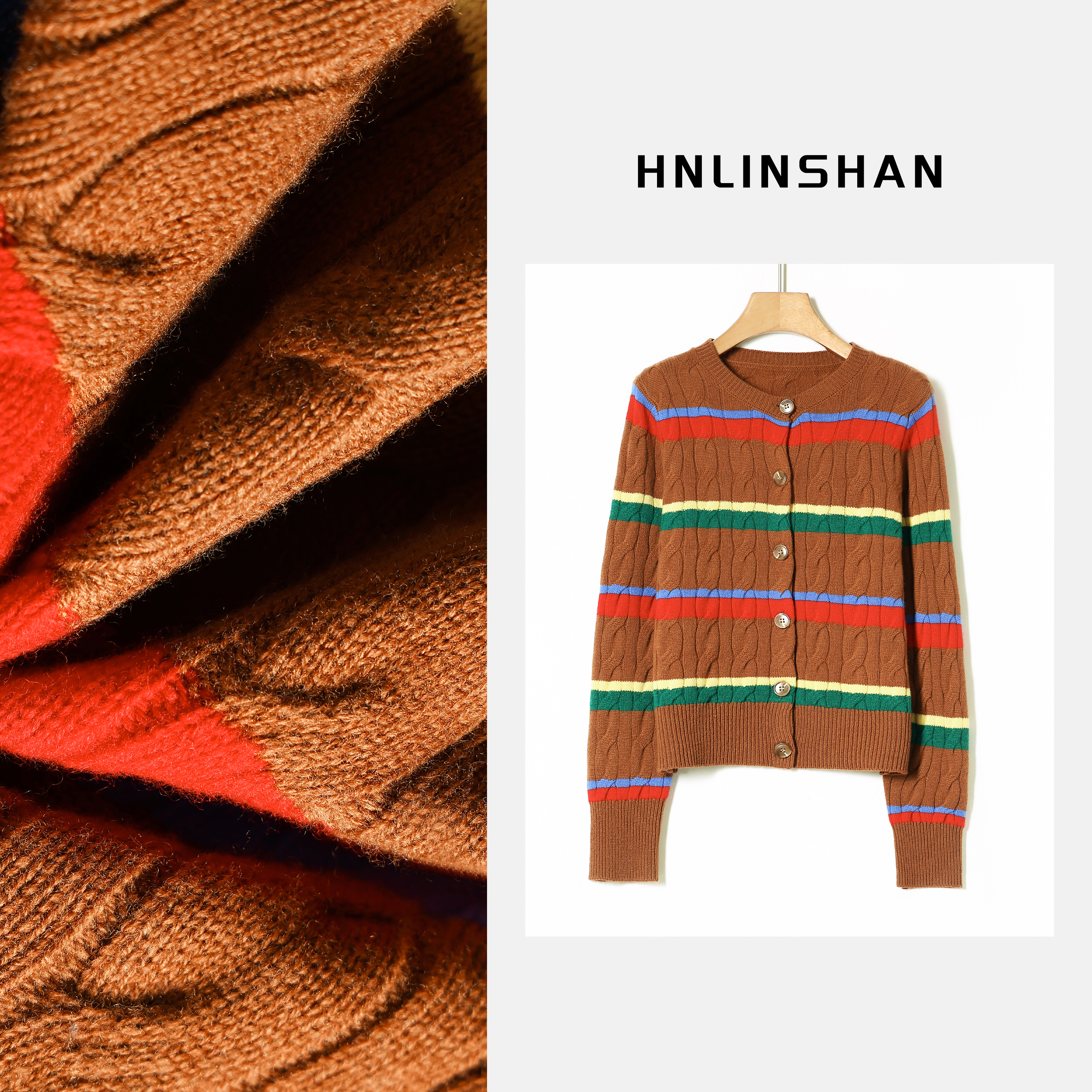 HNLINSHAN【慢条斯理】秋冬气针织圆领撞色麻花条纹开衫外套CCZ1003
